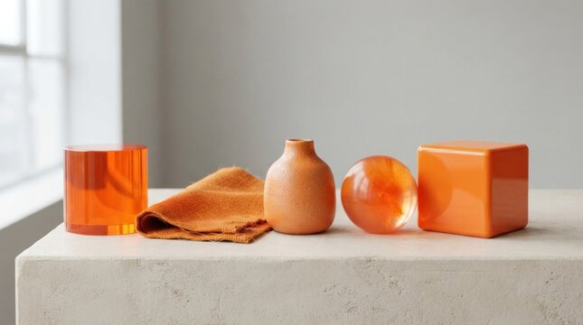Orange glass vases and a square orange object on a white surface with a window in the background.
