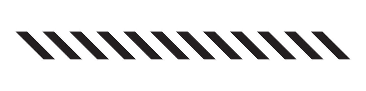 Black diagonal stripe pattern isolated on white background. Zigzag hazard line texture with repeating slash design. Warning caution element for banner, border, and construction templates.