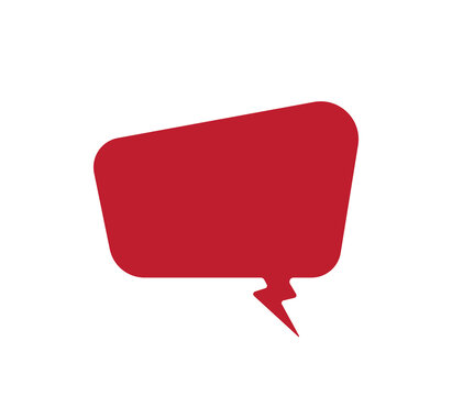 Red tilted speech bubble icon isolated on white background. Angled chat balloon with sharp pointer tail in flat design style. Dialogue box element for comic, app, and message templates.