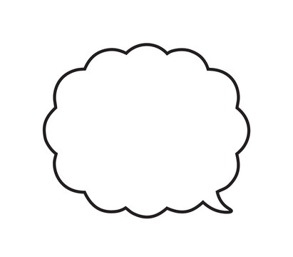 Black cloud speech bubble outline isolated on white background. Scalloped chat balloon icon with pointer tail in line drawing. Dialogue cloud element for conversation, app, and comic templates.
