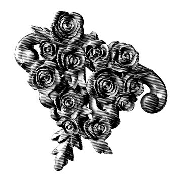 Ornate rose bouquet with scroll leaves in black engraving