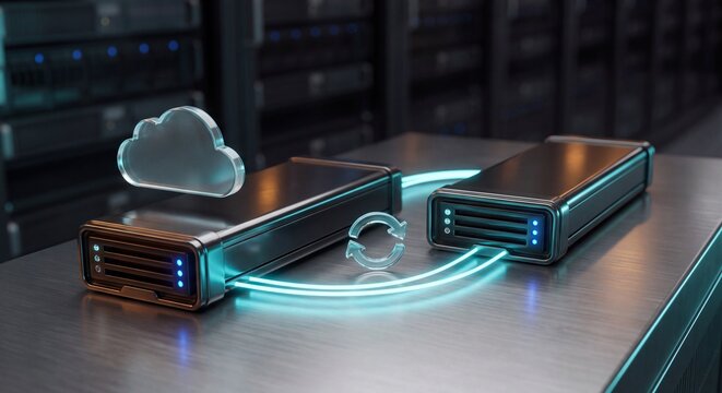 glowing cloud connects two server modules with recovery arrow to restore enterprise backup, maintain data availability, and support service continuity