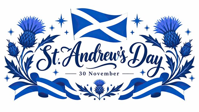 Scottish St. Andrew's Day banner with blue thistles, crossed saltire flags, decorative foliage, stars, and November 30 lettering.