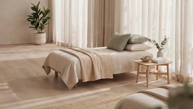 Minimalist daybed with beige linens and pillows in a bright sunlit room with wooden flooring