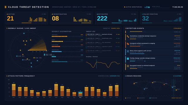 Cybersecurity analyst monitoring cloud network threat detection dashboard