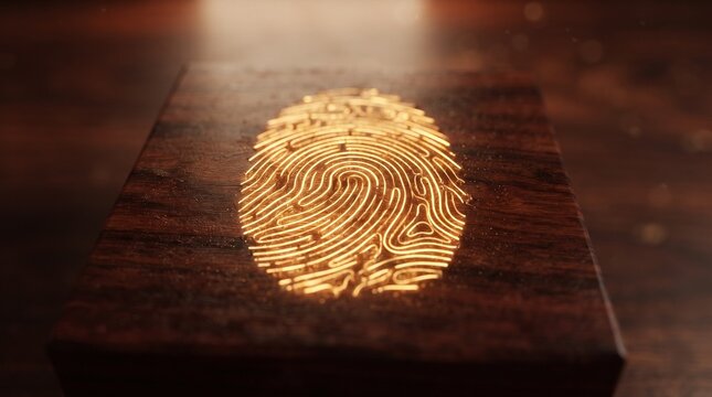 Glowing Golden Human Fingerprint Engraved on a Rustic Dark Wood Surface for Identity Security and Biometric Authentication Concepts