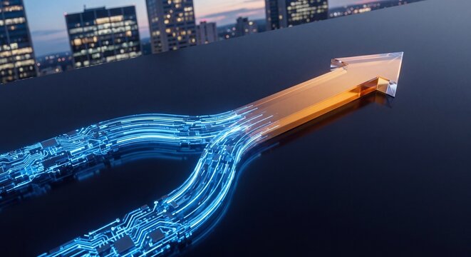 digital streams merge into glowing arrow to represent platform consolidation, align business operations, and guide organizational transformation