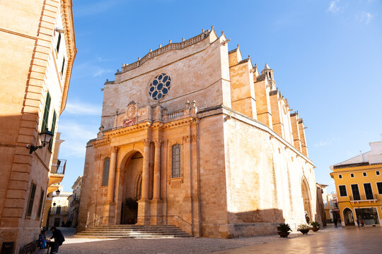 Ciutadella de menorca cathedral facade and rose window under blue sky