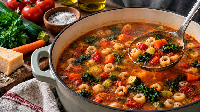 Hearty vegetable soup with pasta simmers in a large pot as a ladle serves a portion. Fresh produce and herbs surround the rustic kitchen scene. Comfort food concept.