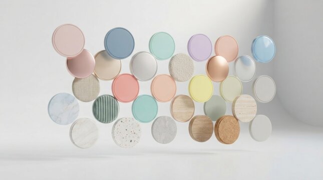 A colorful array of circular objects, including pastel-colored circles, a mix of textures, and a variety of materials, arranged in a grid-like pattern on a plain background.