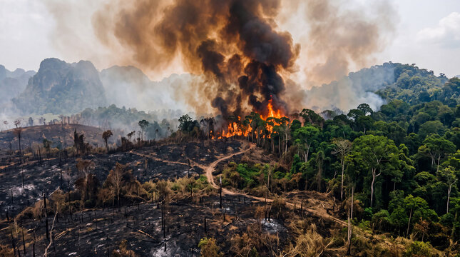 Aerial view of tropical rainforest suffering from massive wildfire and deforestation with scorched land and thick smoke plumes rising above
