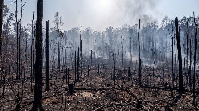 Devastating Aftermath of a Forest Fire Showing Charred Trees and Lingering Smoke Rising from the Burnt Landscape
