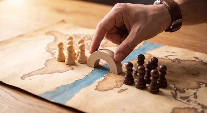 strategist bridges pawn groups on world map to represent trade cooperation, diplomatic coordination, and shared economic planning
