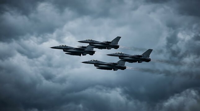 Four fighter jets flying in formation through cloudy sky