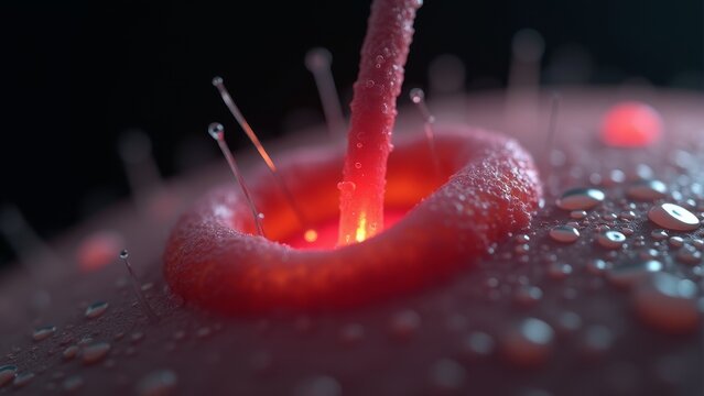 Cinematic Macro Animation of Skin Pore Inflammation Punctured by Micro Needles