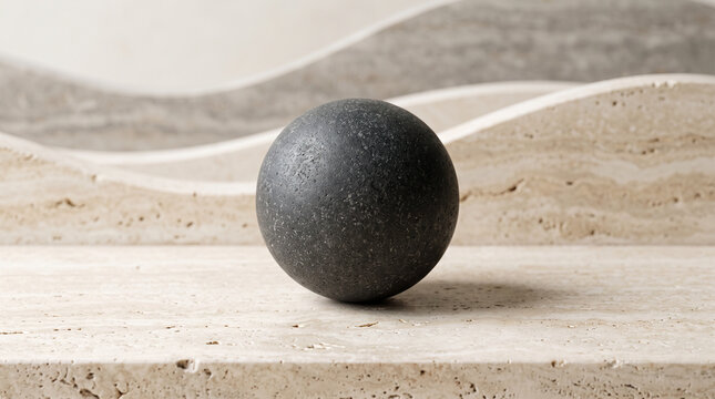 Minimalist black stone sphere on travertine podium, modern abstract cosmetic display background