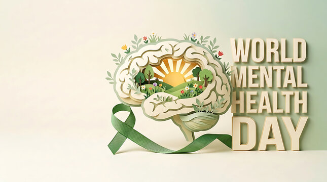 Brain landscape with sun and green ribbon for world mental health day