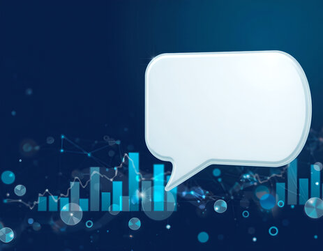 White blank speech bubble on dark blue financial analytics background