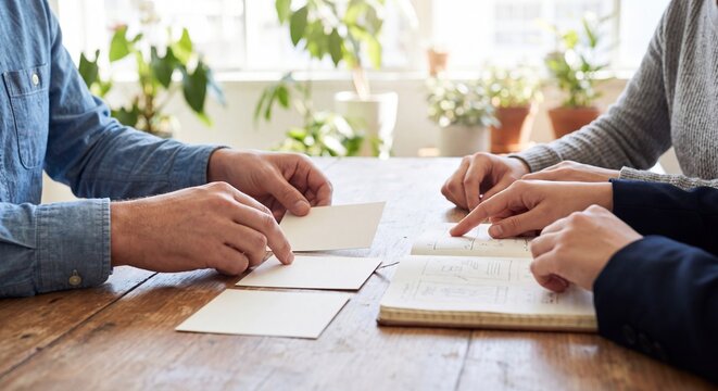 team leader arranges priority cards during office discussion to guide collaborative planning, clarify responsibilities, and support leadership coaching