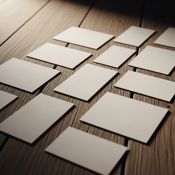 Blank cards arranged on a wooden surface, illuminated by natural light.