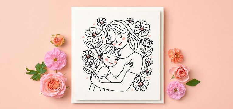 A minimalist line art card showing a mother and daughter in a joyful pose, framed by gentle pastel florals.
