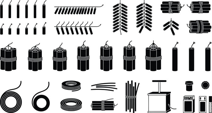 Explosive elements: dynamite sticks, bundles, firecrackers, and detonation fuse icons