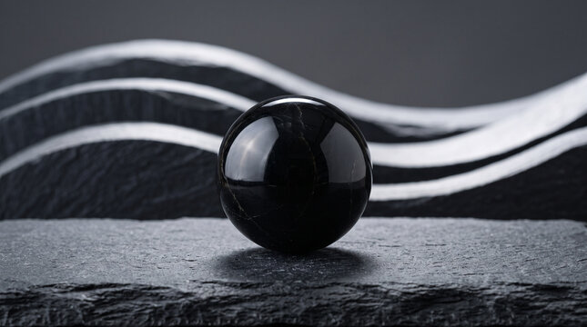 Minimalist black obsidian sphere on stone pedestal, elegant dark crystal ball for zen meditation