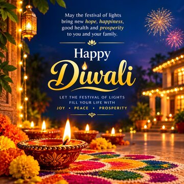 Happy Diwali Festival of Lights Greeting Card Design with Burning Clay Diya Oil Lamps, Colorful Floral Rangoli, Hanging Lanterns and Fireworks over Decorated Home.