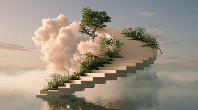 Surreal floating stone staircase ascending into fluffy clouds with lush green plants and trees