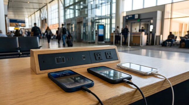 Photorealistic close-up of a modern airport passenger charging station with USB ports, power outlets and smartphones charging on a sleek seating table