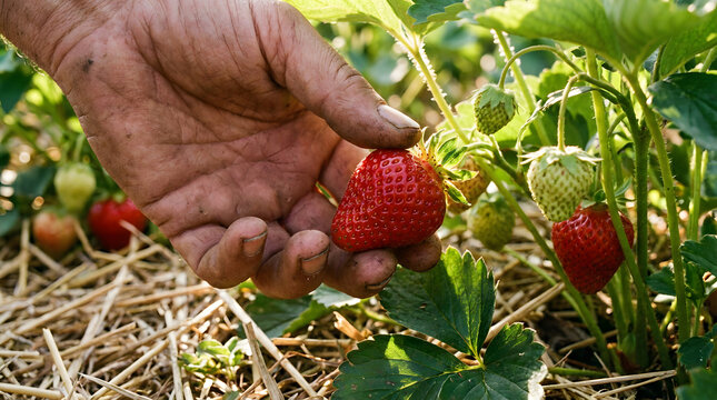 Farmer hand picking a ripe red strawberry from the plant in a field