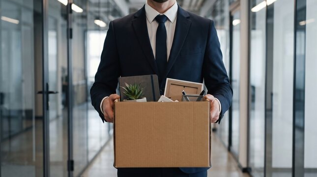 Businessman in dark corporate suit holding cardboard box walking through office glass corridor. Dismissed corporate employee carrying personal belongings after workplace layoff or promotion.