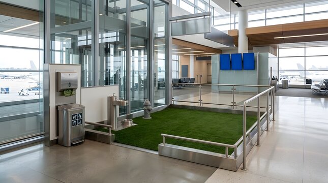 Photorealistic airport pet relief area in a modern international terminal, compact hygienic pet-friendly facility with artificial grass