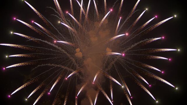 Vibrant fireworks exploding in the night sky during a holiday celebration, aerial view.