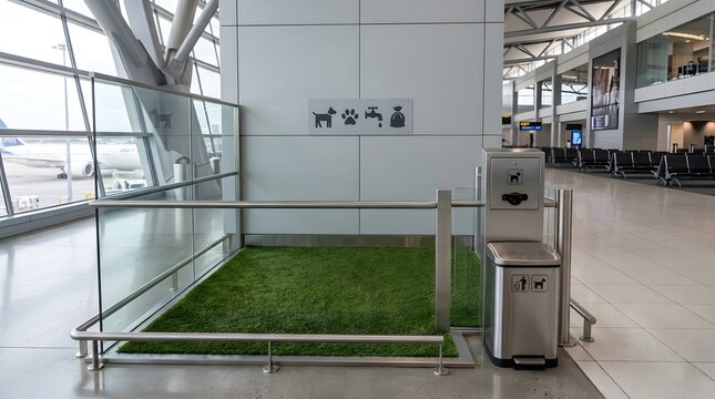 Photorealistic airport pet relief area in a modern international terminal, compact hygienic pet-friendly facility with artificial grass