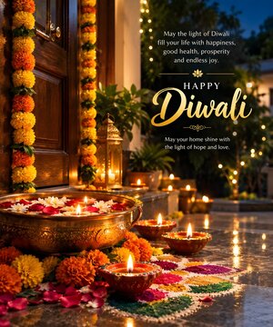 Happy Diwali Festival of Lights Greeting Card Design with Burning Clay Diya Oil Lamps, Floating Candles in Brass Urli, Marigold Garlands and Traditional Rangoli at Decorated Home Entrance.