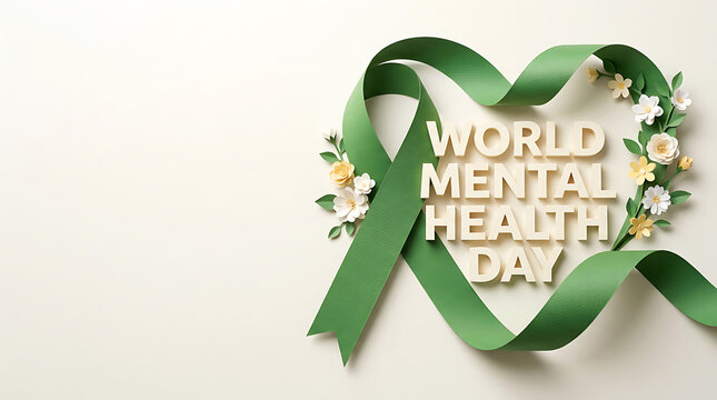 Green awareness ribbon with white flowers framing world mental health day text