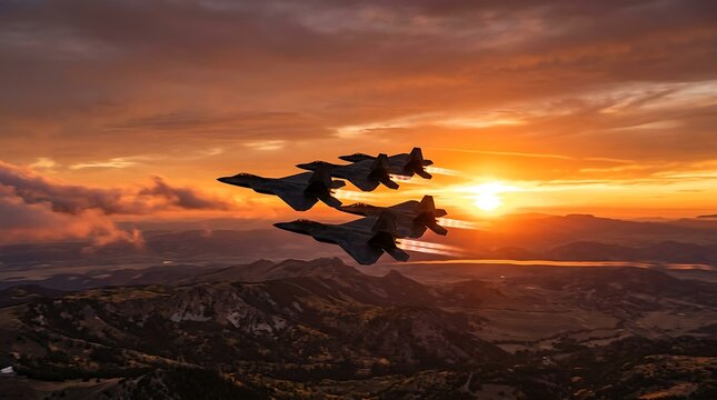 Military aircraft flying over mountain landscape at sunset