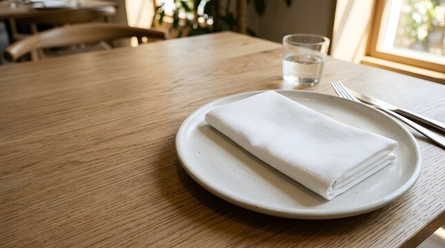 Empty plate with folded white napkin on wooden table in dining room