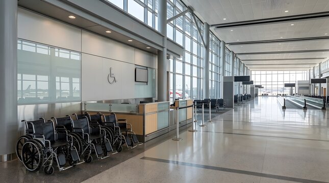 Photorealistic modern airport accessibility assistance area with several empty airport wheelchairs positioned near a terminal corridor