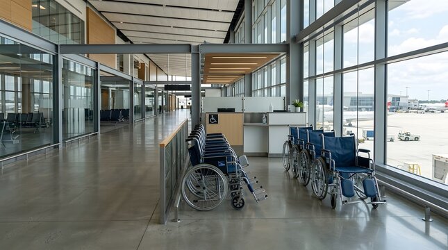 Photorealistic modern airport accessibility assistance area with several empty airport wheelchairs positioned near a terminal corridor