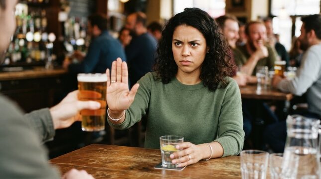A woman in a green sweater holding a glass of water while a man in a green sweater holds a glass of beer in a crowded bar setting.