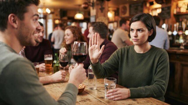A woman in a green sweater is holding up her hand in a gesture of rejection or disagreement, while a man in a gray shirt looks on with a smile.