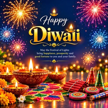 Happy Diwali Festival of Lights Greeting Card Design with Glowing Clay Diya Oil Lamps, Traditional Firecrackers, Rangoli and Sparkling Fireworks in Night Sky.