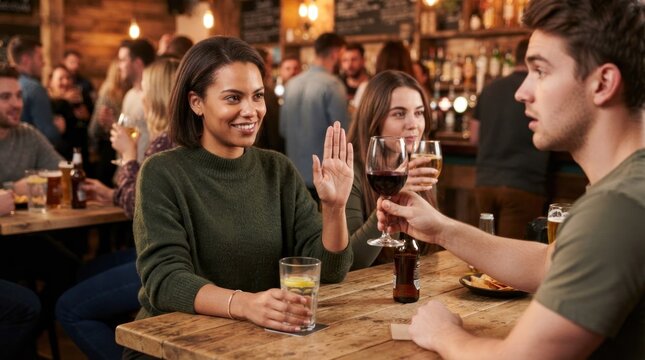 Three friends enjoying drinks at a busy bar, with one woman in a green sweater and another in a black top, engaging in conversation.