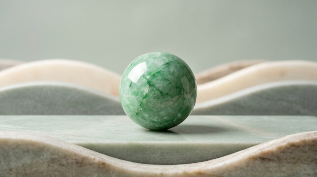 Green jade crystal sphere on stone podium, polished mineral ball, zen wellness background