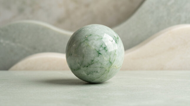 Polished jade crystal sphere, green marble stone ball on textured background, zen wellness concept