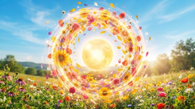A vibrant meadow filled with colorful wildflowers, a full moon shining brightly in the sky, and a gentle breeze rustling the leaves.