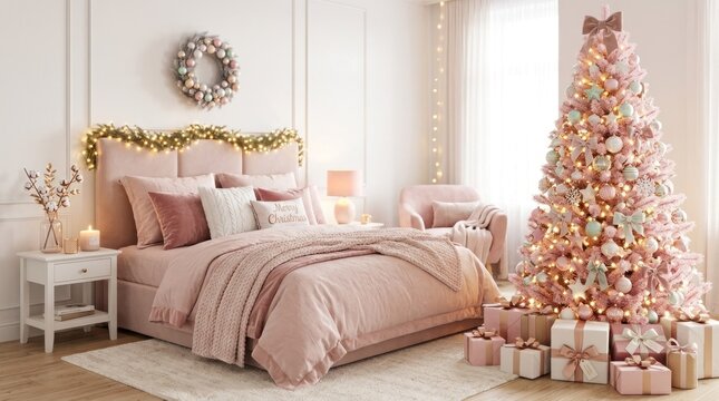 A cozy bedroom with a pink bed, armchair, and Christmas tree adorned with lights and ornaments.