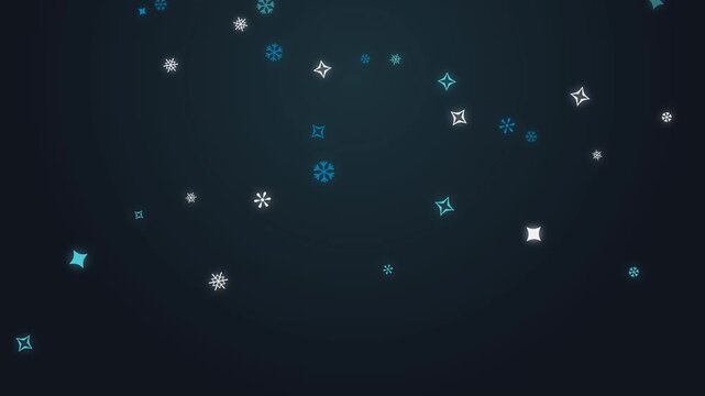 Motion graphic featuring stylized blue and white snowflakes and stars falling against a dark navy backdrop.